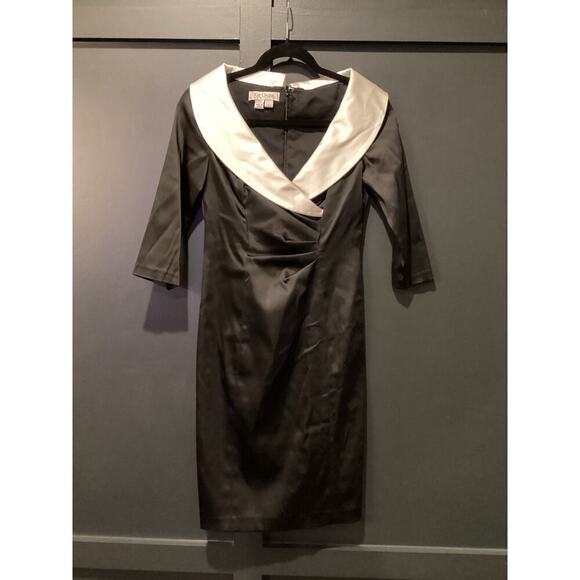 Kay Unger Portrait Black white V-Neck Shawl Collared Sheath ruche cocktail dress - Picture 7 of 12